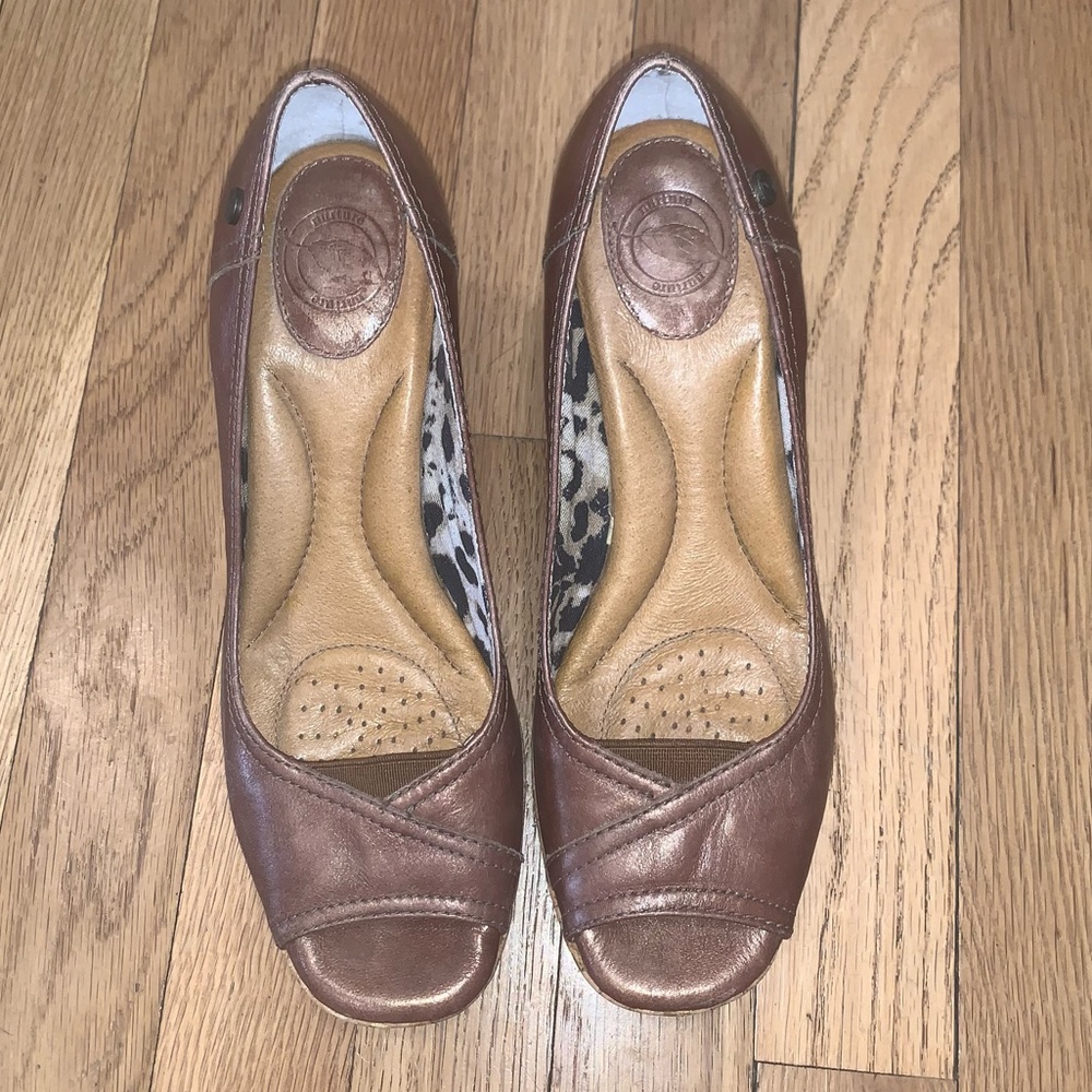 Nurture Peep Toe Metallic Cork Wedges